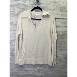 LOFT Outlet Sweater SP Small Petite V Neck Long Sleeve Collared Oatmeal‎ Beige